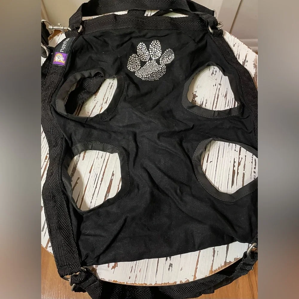 Black Puppy Purse and Harness with Rhinestone Paw Print X-Large